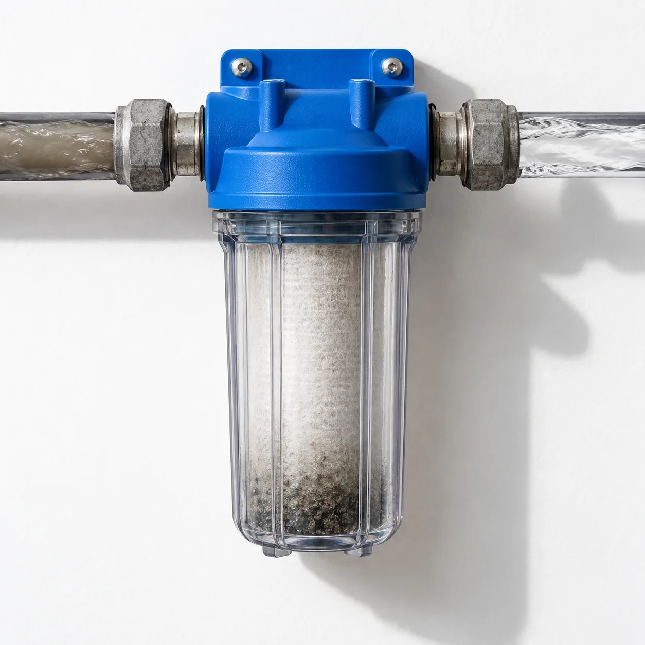 Ein Wasserfilter mit blauem Kopf zwischen zwei Rohren; links läuft trübes Wasser hinein, rechts klares heraus.