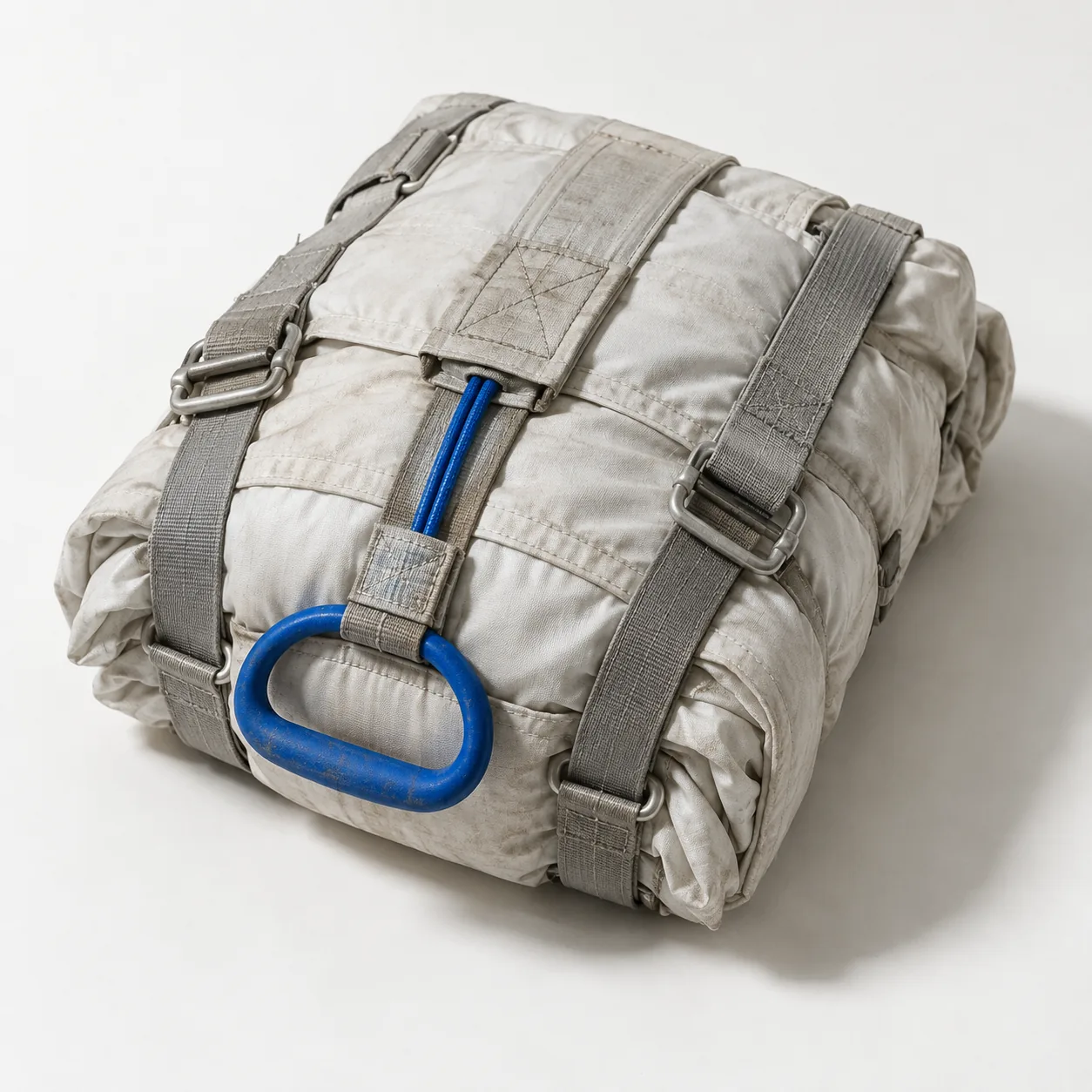 Ein zusammengepackter Fallschirm mit Staub darauf; die Reißleine und ihr Griff sind blau.