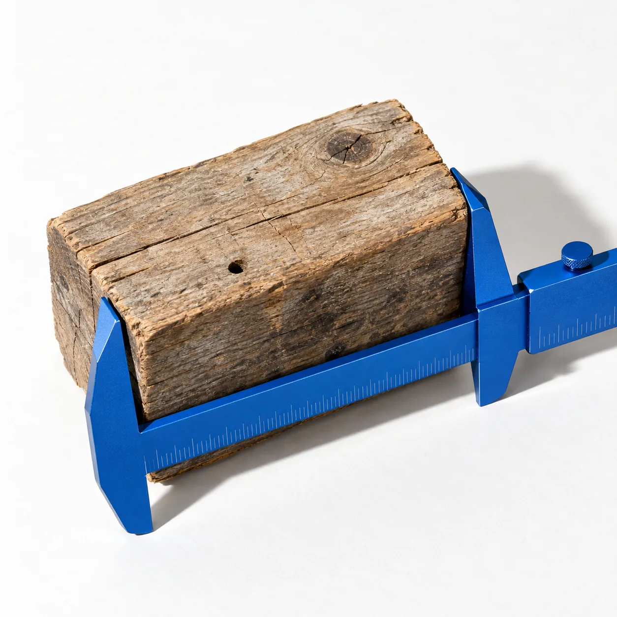 Ein blauer Messschieber umfasst einen alten, rissigen Holzklotz auf hellem Grund.