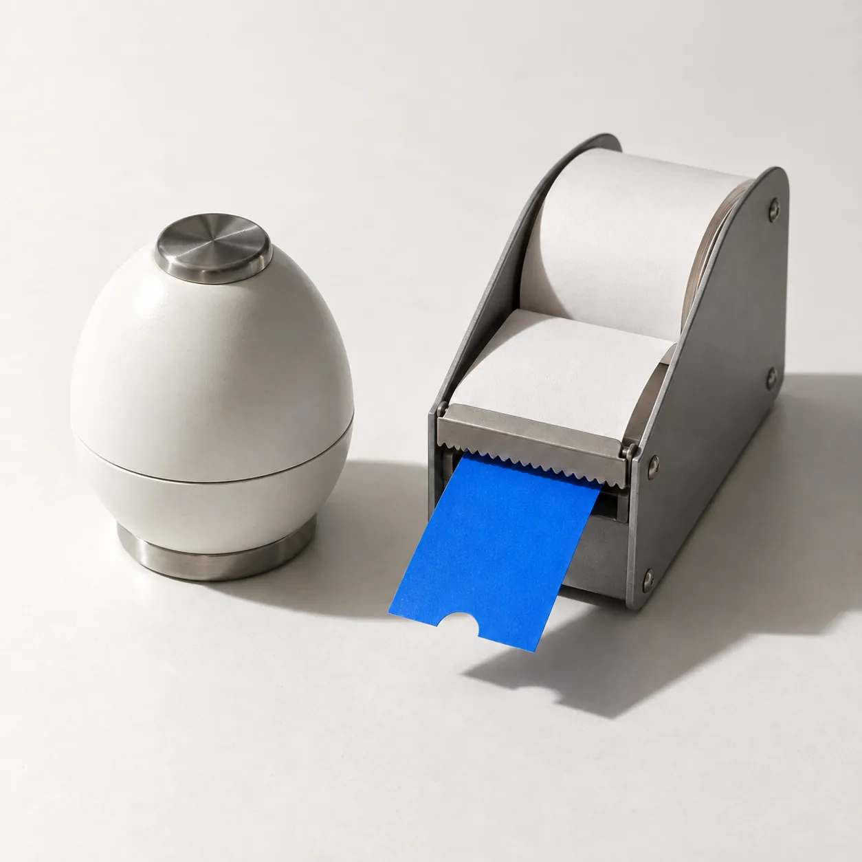Eine mechanische Eieruhr neben einem Abreißspender, aus dem ein blauer, unbedruckter Zettel hängt.