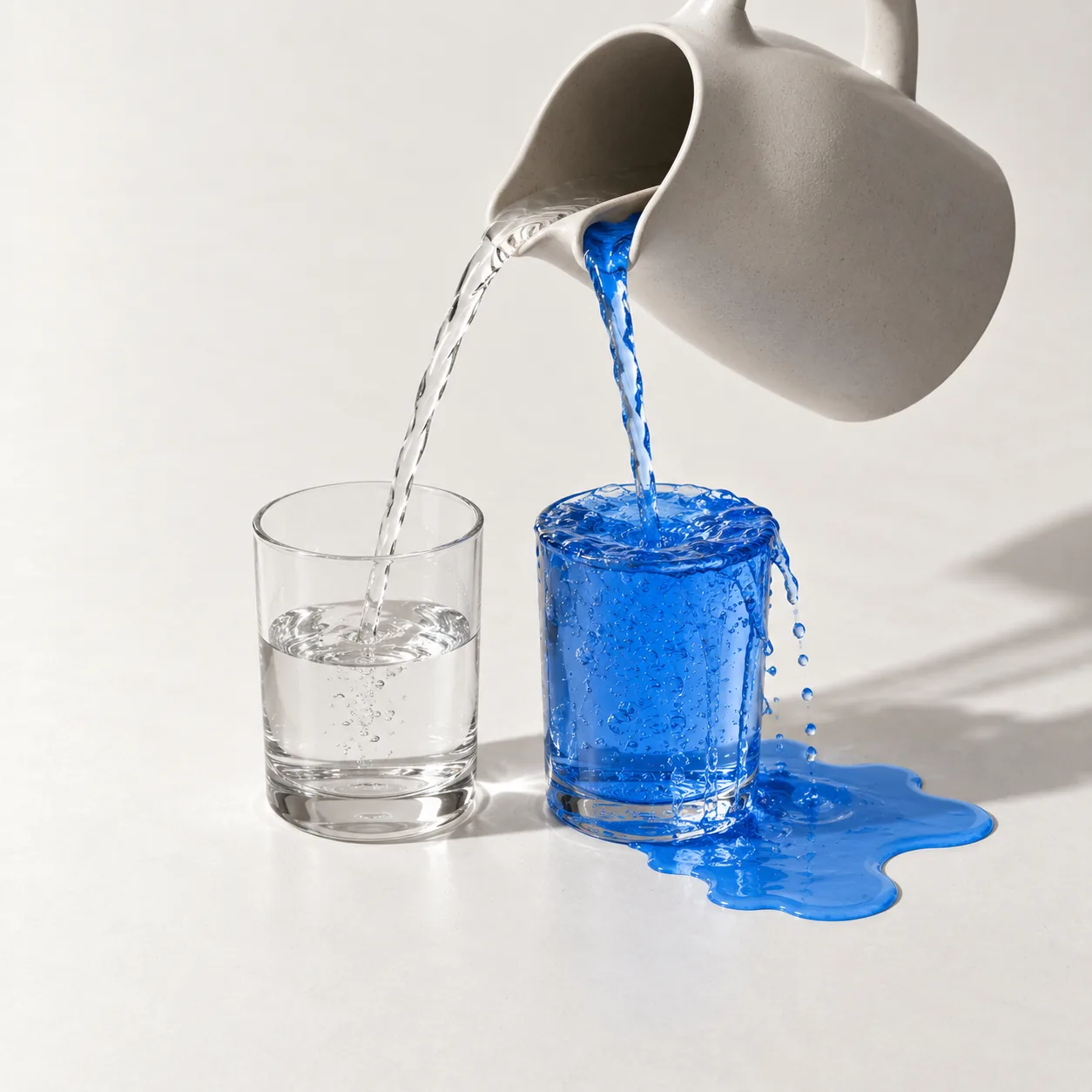 Ein Krug gießt in zwei Gläser zugleich; das rechte läuft mit blauer Flüssigkeit über.
