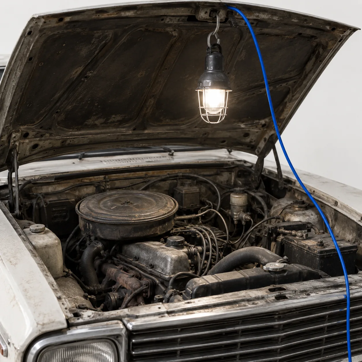 Die offene Motorhaube eines alten Autos; eine Werkstattlampe am blauen Kabel leuchtet den Motorraum aus.