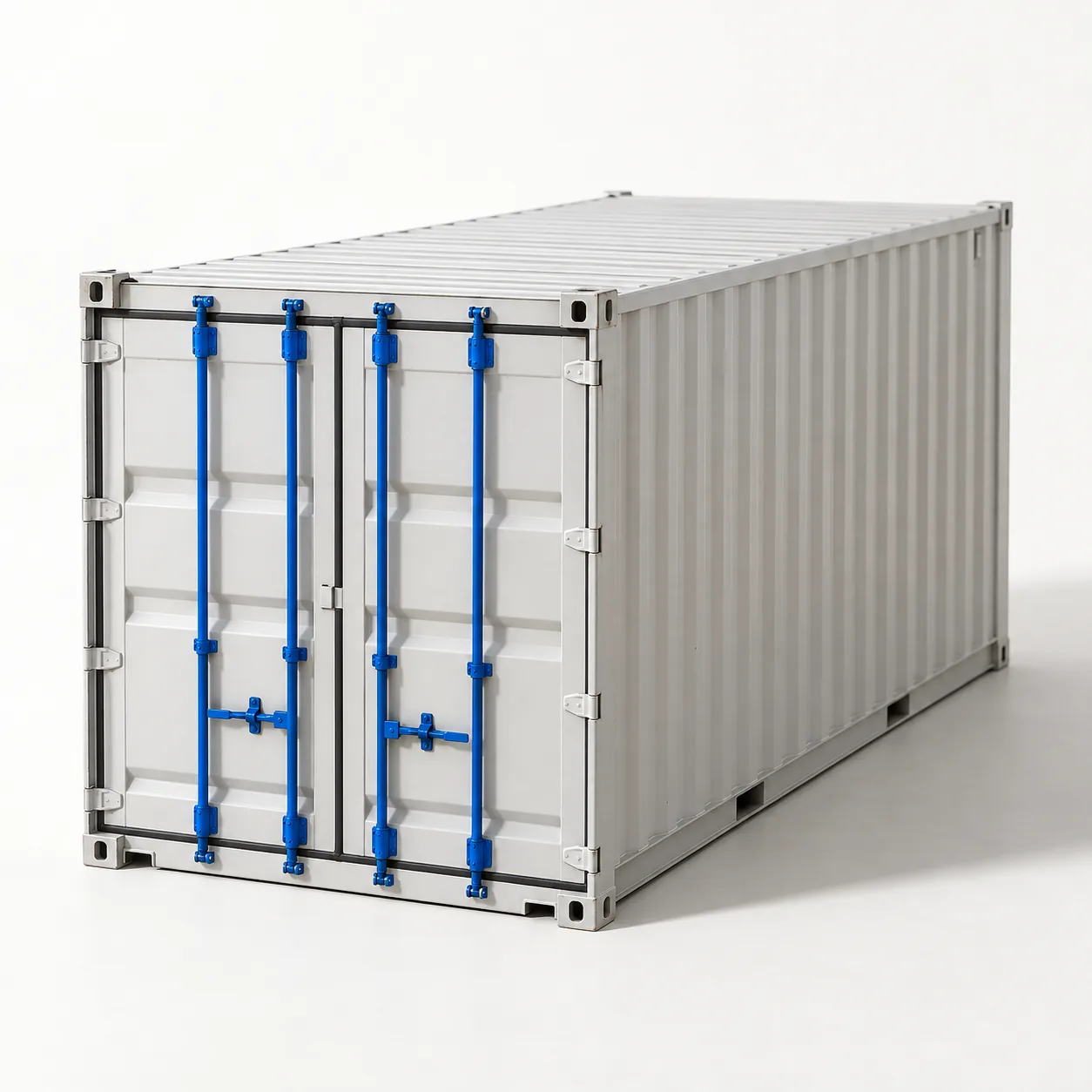 Ein einzelner weißer Frachtcontainer auf glatter Fläche, seine Verriegelungsstangen sind blau.