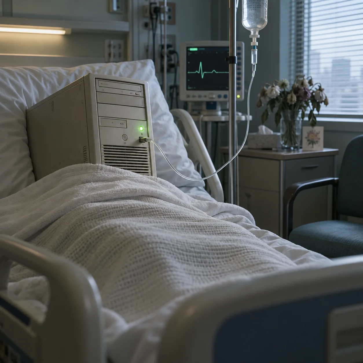 Old tower server tucked into a hospital bed, an IV drip plugged into its USB port, article image