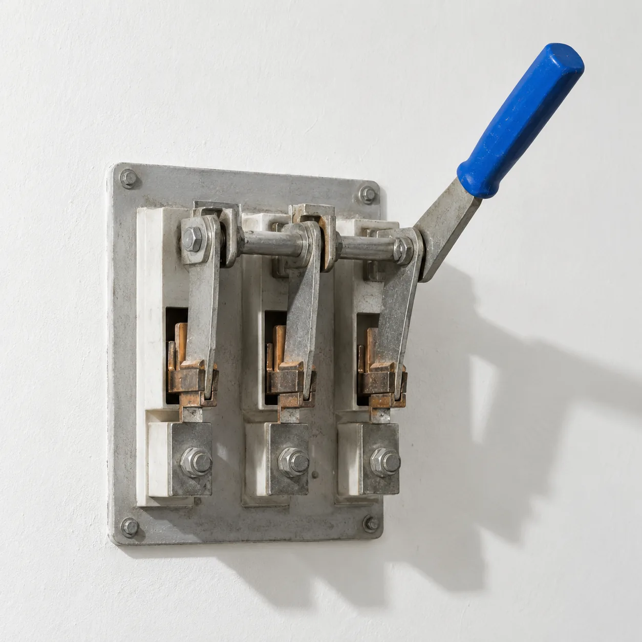 Ein dreipoliger Messerschalter an einer weißen Wand, sein Griff ist blau und halb umgelegt.