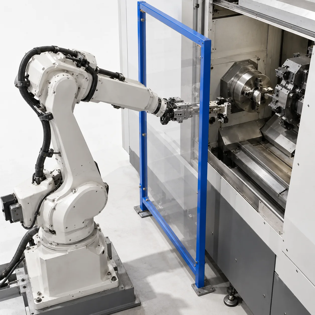 Ein Roboterarm greift in eine Maschine, dazwischen steht eine Schutzscheibe im blauen Rahmen.