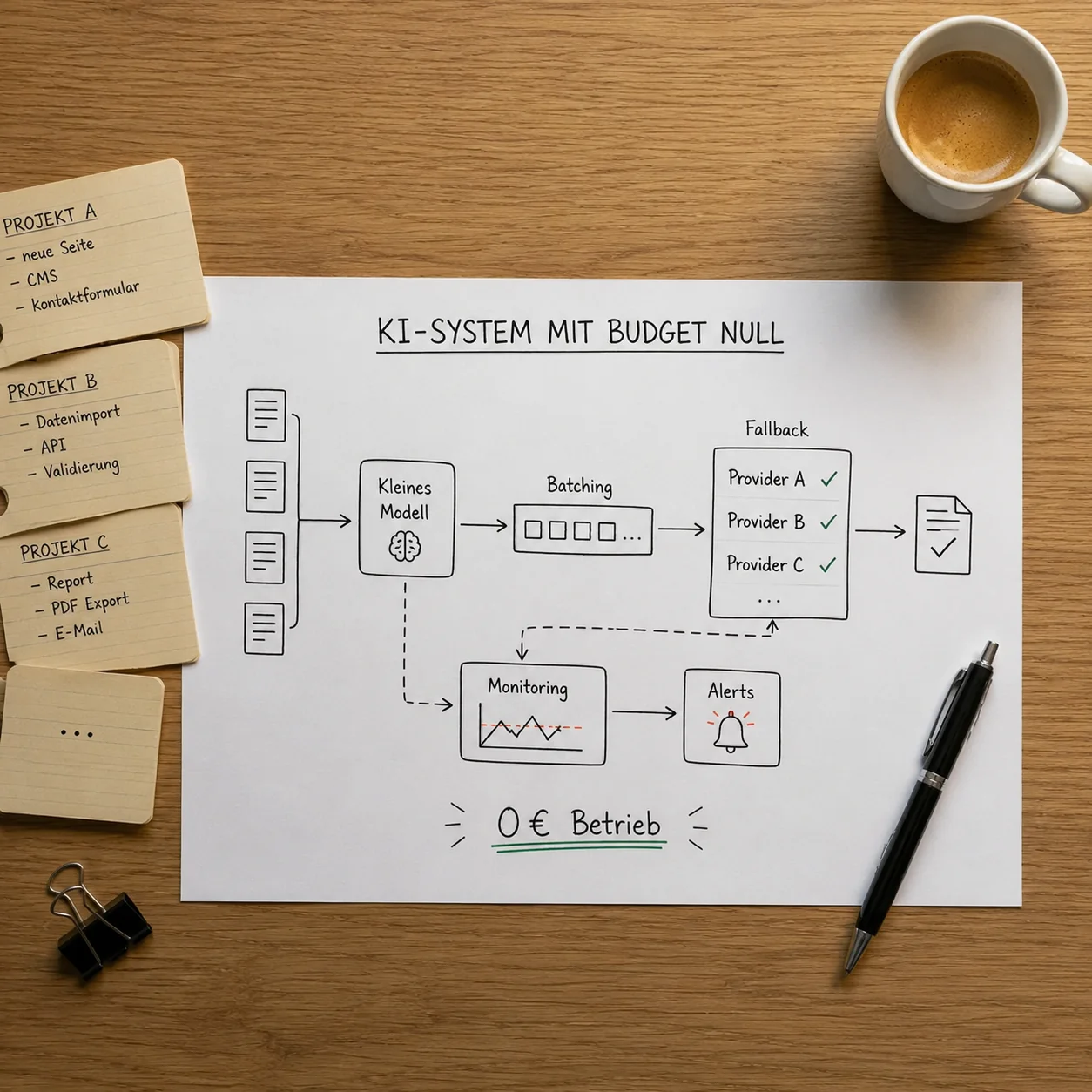 Skizze der Architektur: kleines Modell, Batching, Anbieterkette mit Fallback, Monitoring und Alarme