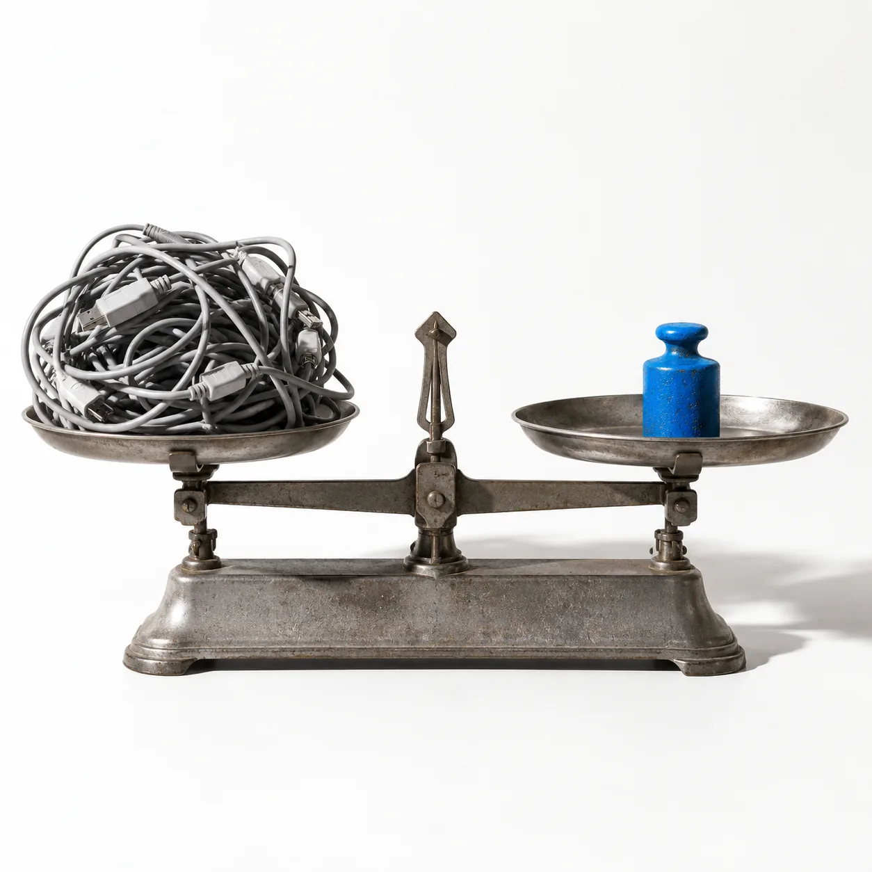 Eine Balkenwaage: links ein Knäuel Kabel, rechts ein einzelnes kleines blaues Gewicht.