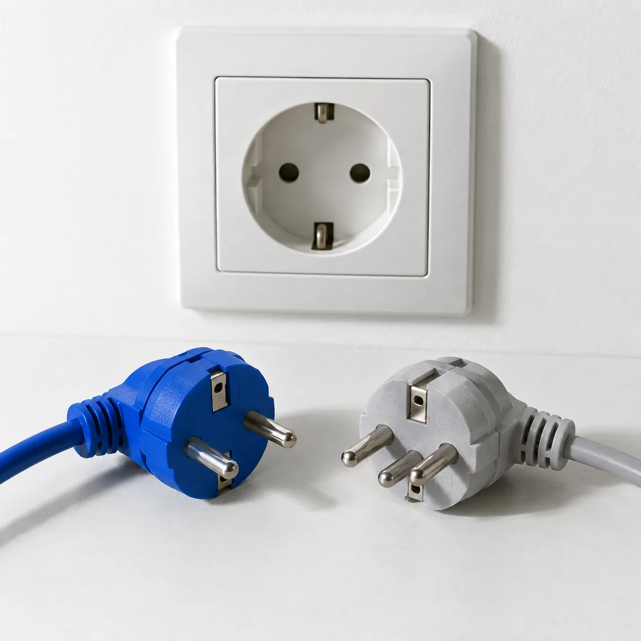 Zwei ähnlich aussehende Stecker vor einer Steckdose, einer blau, einer grau.