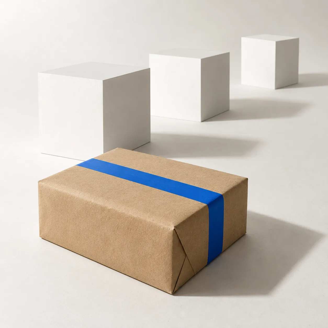 Ein mit blauem Band versiegeltes Paket vor drei leeren weißen Stationen in einer Reihe.