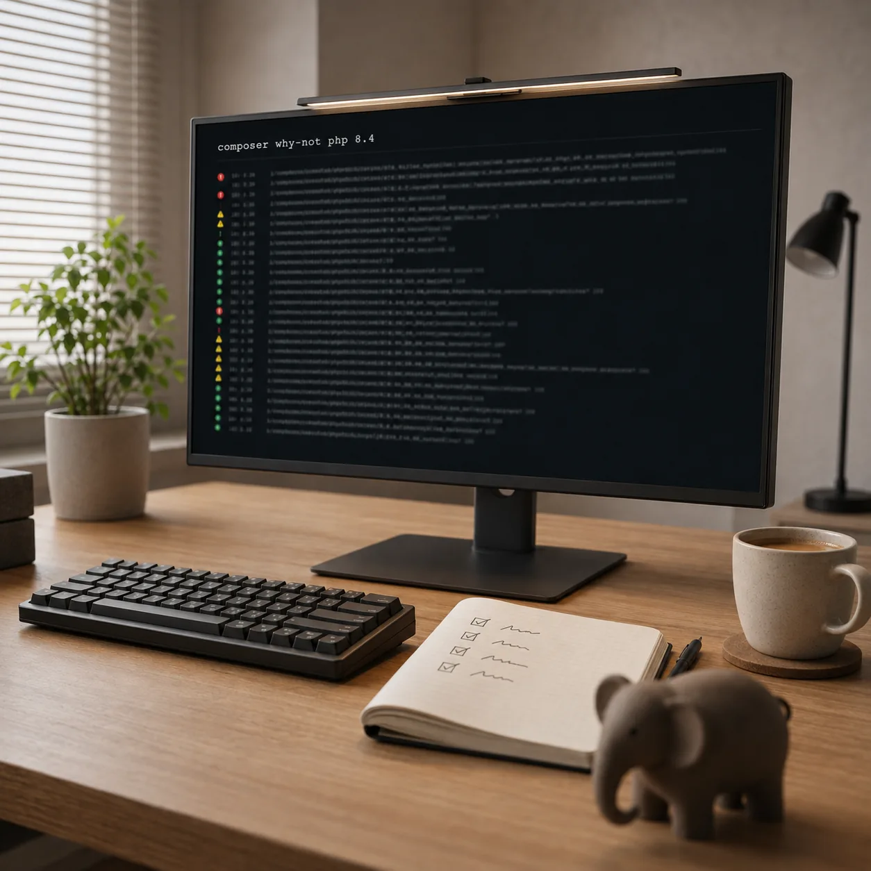 Schreibtisch mit Monitor, auf dem ein Kompatibilitätslauf gegen PHP 8.4 Fehler und Warnungen auflistet, daneben ein Notizbuch mit abgehakter Liste