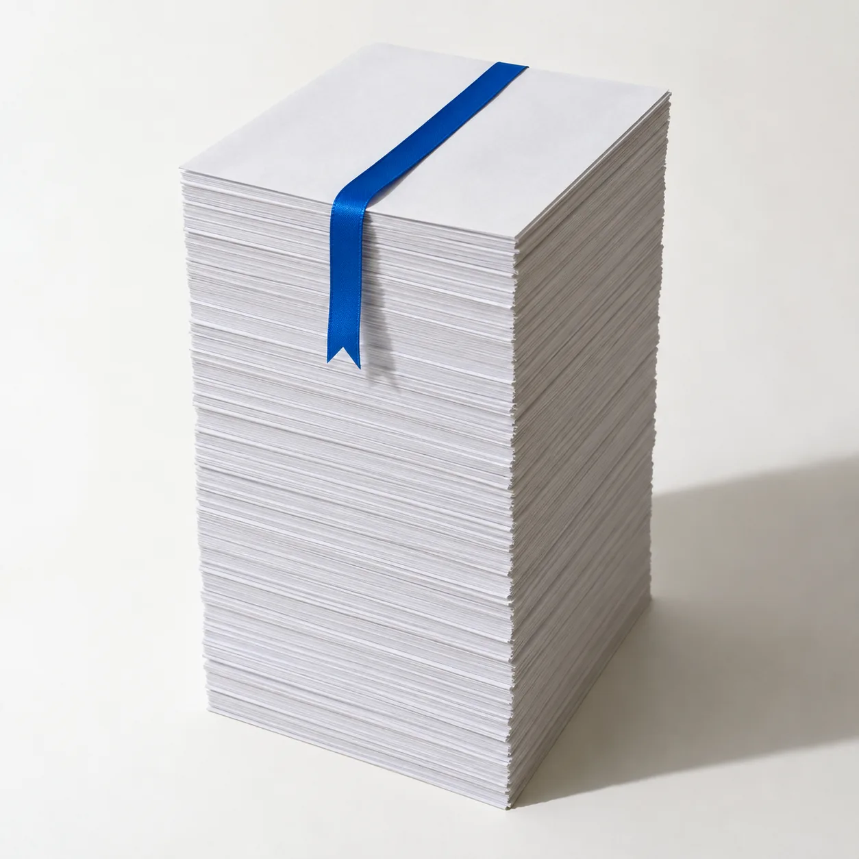 Ein hoher Stapel weißen Papiers, über den ein blaues Lesebändchen läuft.