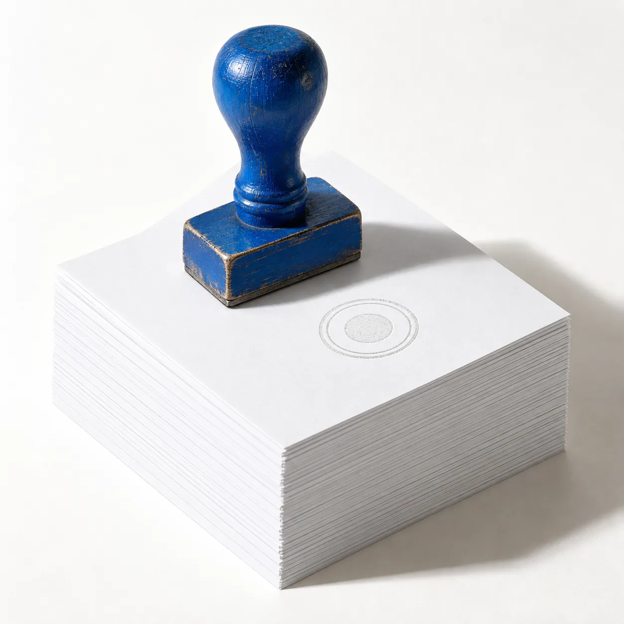 Ein blauer Stempel steht auf einem Stapel Papier; nur das oberste Blatt trägt einen Abdruck.