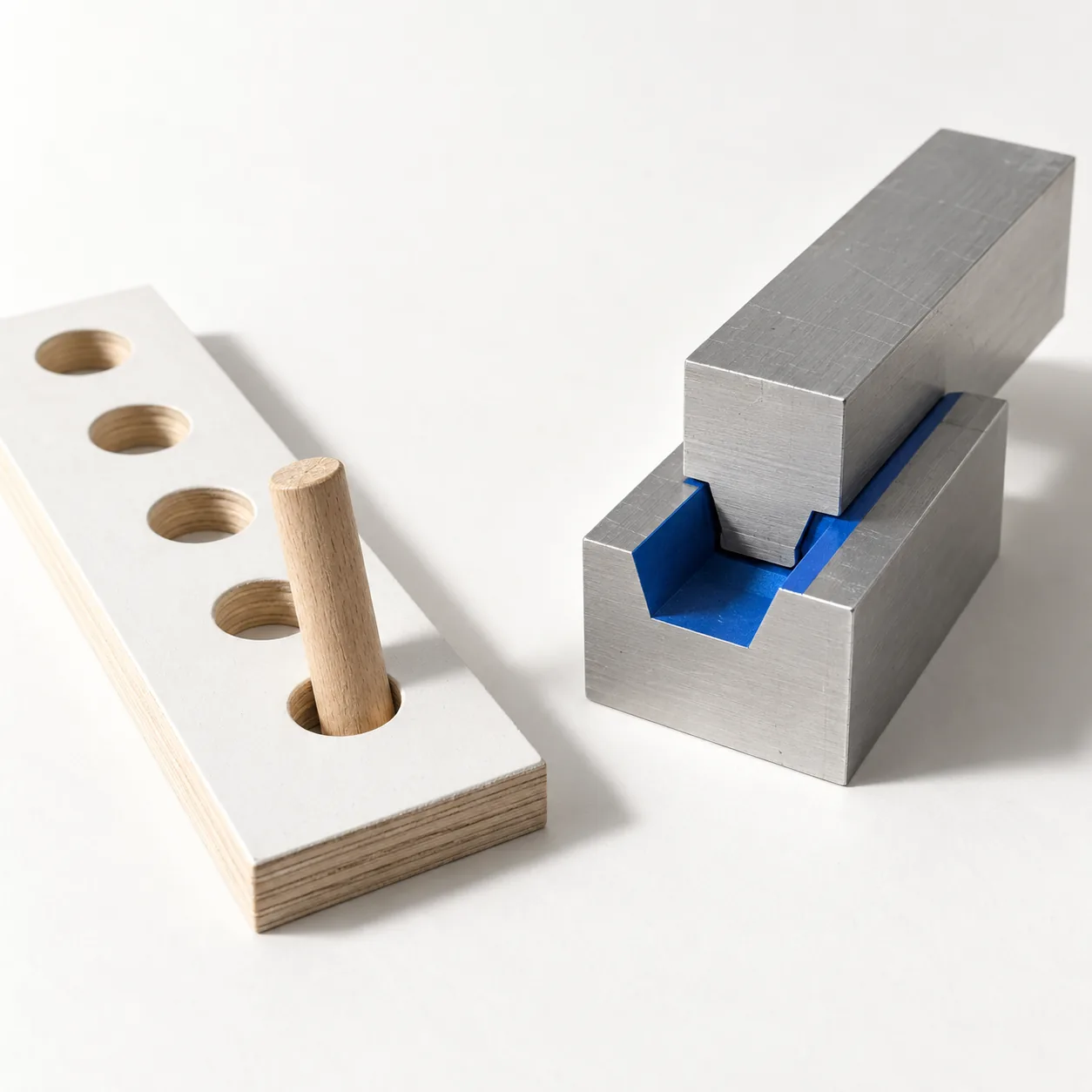 Links eine weiße Lochplatte mit einem lose steckenden Holzdübel, rechts zwei Aluminiumblöcke, die über eine blaue Schwalbenschwanznut exakt ineinandergreifen.