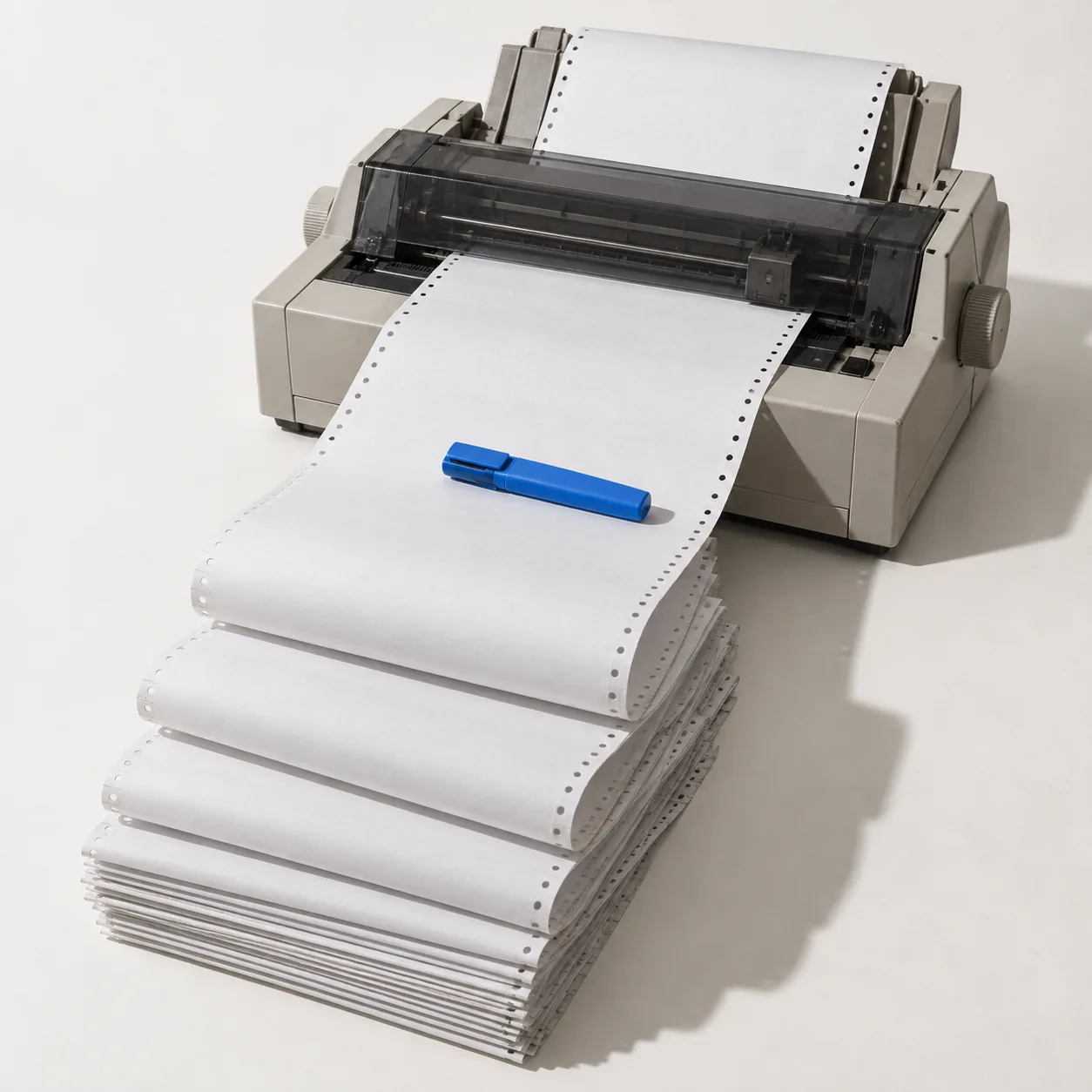 Ein Nadeldrucker mit Endlospapier, das sich in hohen Lagen stapelt; quer darauf liegt ein blauer Textmarker.