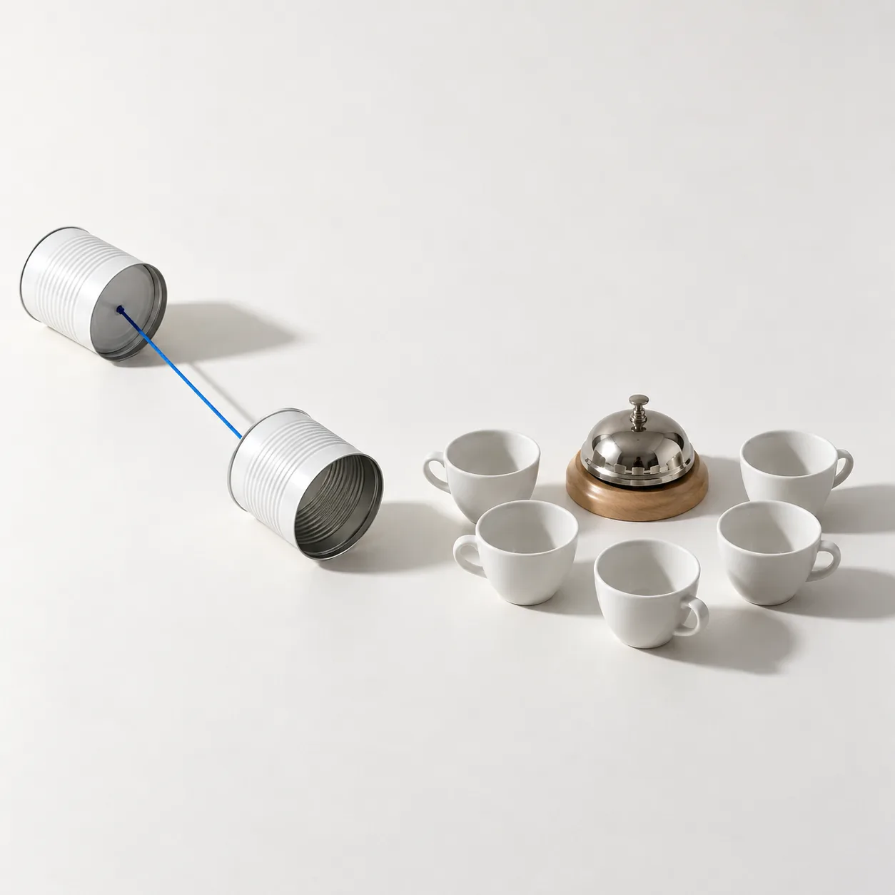 On the left a tin-can telephone of two white cans on a taut blue string, on the right a desk bell with five white cups standing in a circle around it, none connected to it.