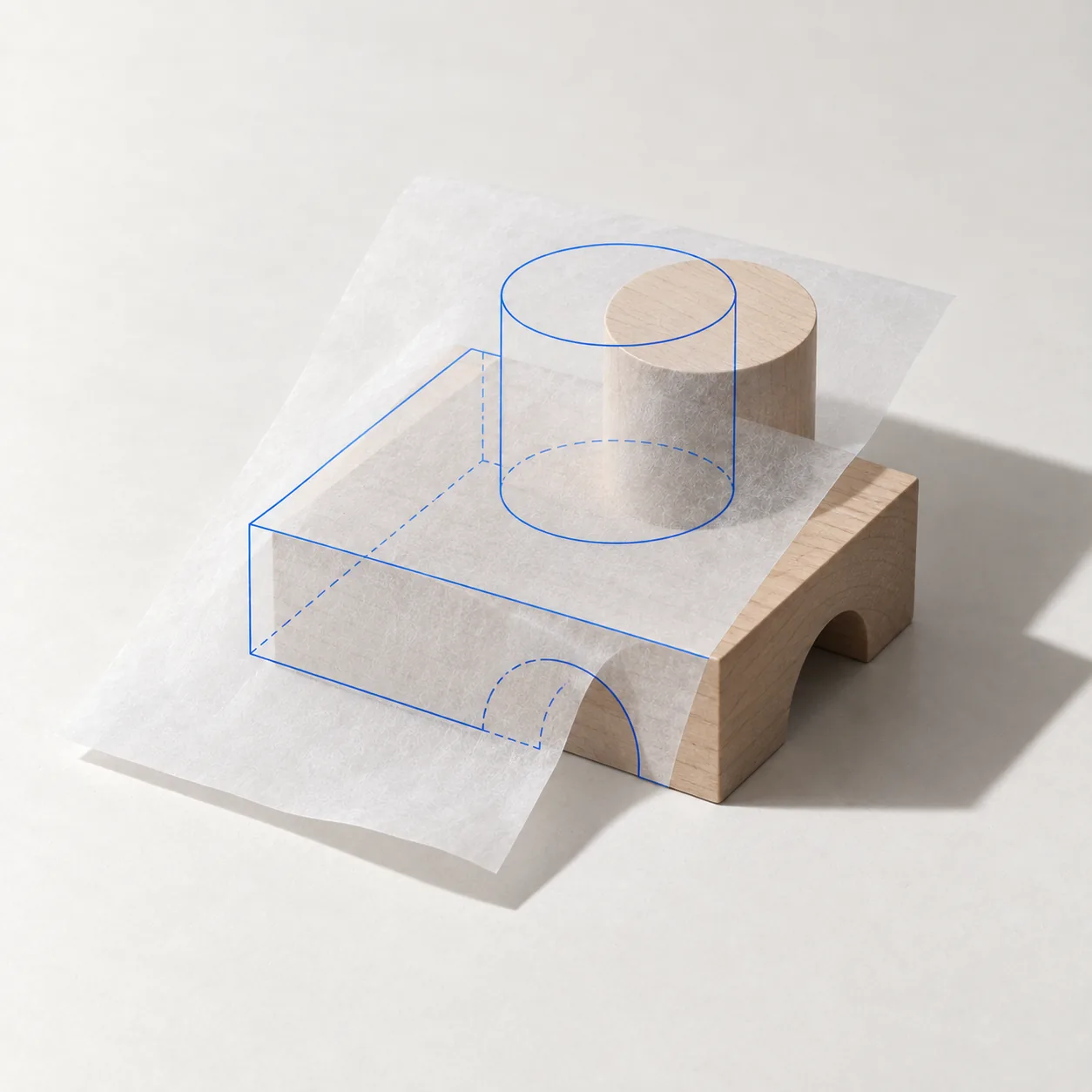 Eine blau gezeichnete Konstruktionszeichnung auf Transparentpapier über einem Holzmodell; die Kanten decken sich nicht.