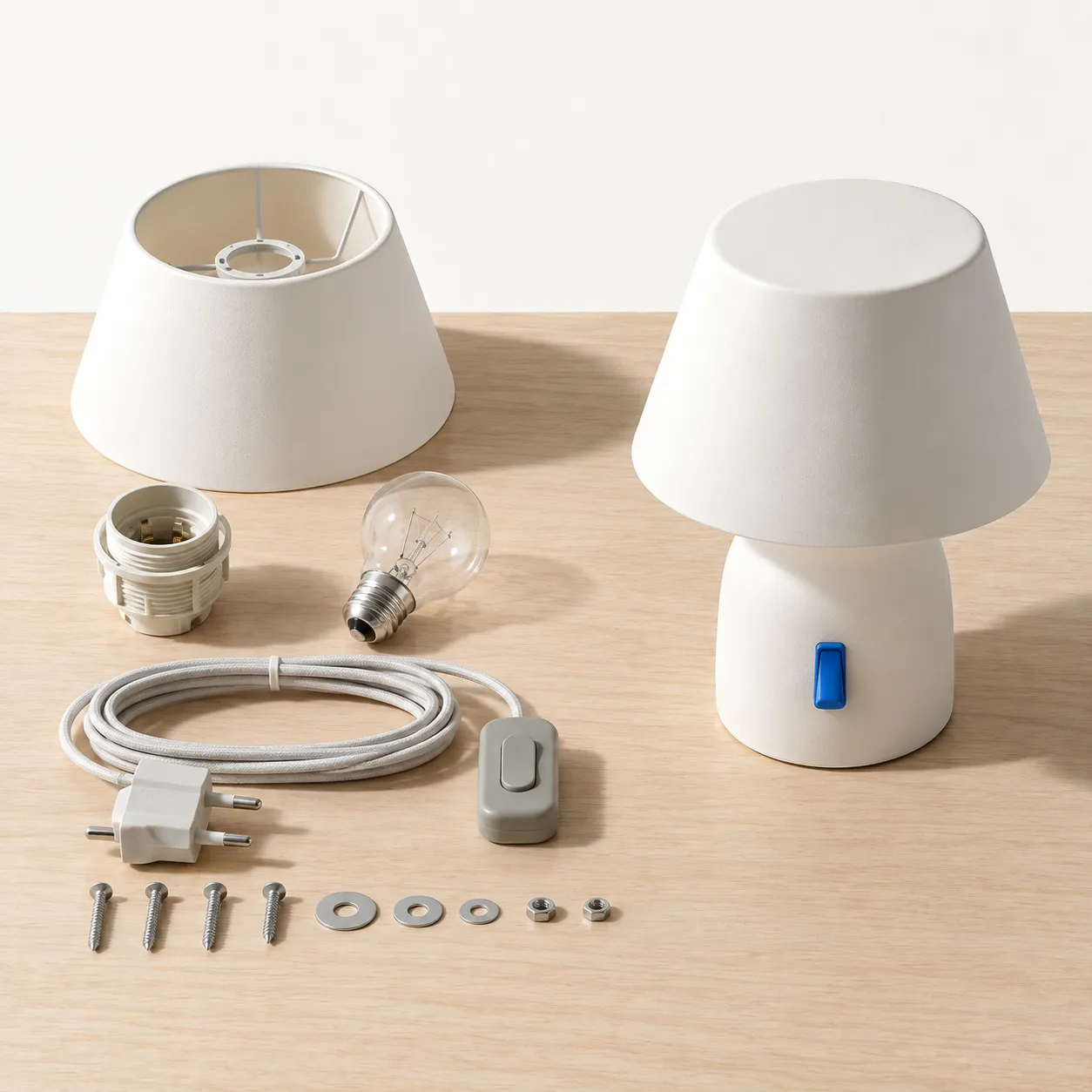 Die Einzelteile einer Tischlampe liegen sauber ausgelegt neben einer fertig montierten weißen Lampe, deren einziges Bedienelement ein blauer Kippschalter ist.