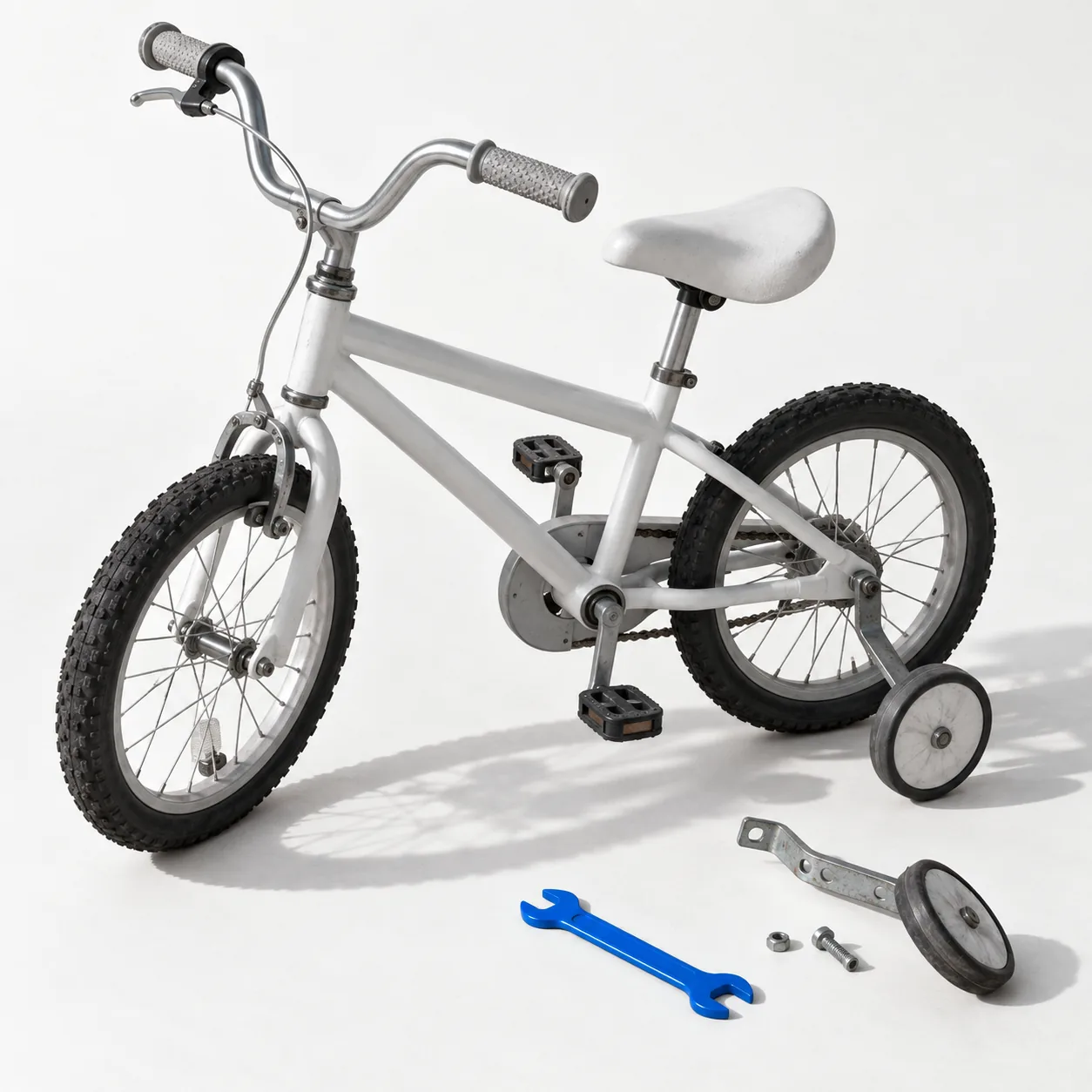 Ein Kinderrad, an dem ein Stützrad bereits abgeschraubt ist; daneben liegt ein blauer Schraubenschlüssel.