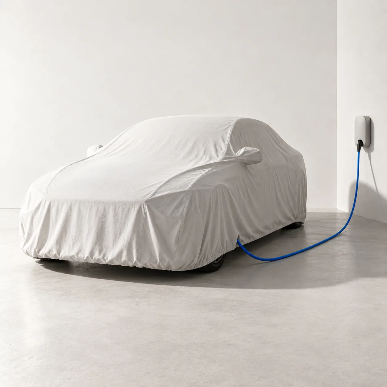 Ein Auto unter einer Abdeckplane in einer leeren Garage; ein blaues Ladekabel führt zur Wandbox.