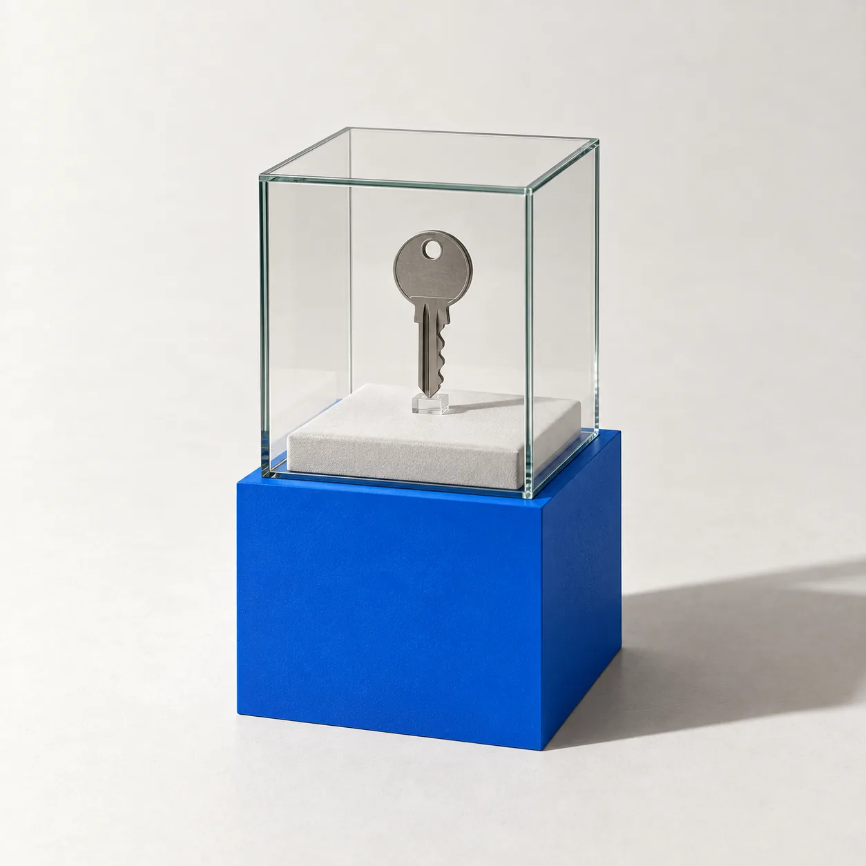 Ein einzelner Schlüssel in einer Glasvitrine auf einem blauen Sockel.