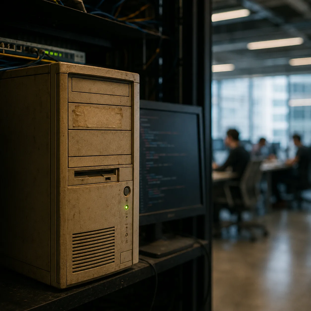 Alter beiger Tower-Server mit vergilbtem Etikett und grüner Status-LED, daneben ein Monitor mit PHP-Code, im Hintergrund ein modernes Großraumbüro
